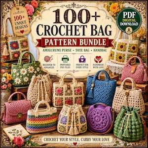 Pacchetto di oltre 100 modelli per borse all'uncinetto / Modelli PDF per borse amigurumi / Modello per borsa tote all'uncinetto / Download digitale / Download immediato