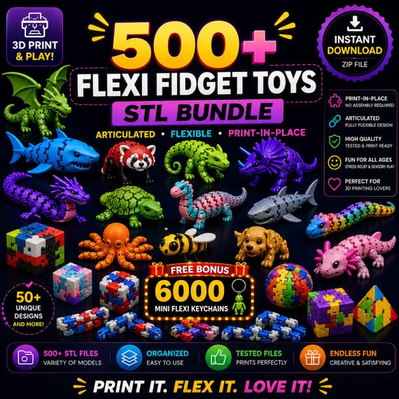 500+ Flexi Fidget Toys STL Bundle | Articulated 3D Print Toys | Sensory Models | Print in Place STL Files | 3D Printing | Instant Download