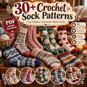 Könnte beinhalten: Eine digitale Grafik mit dem Titel 30+ Crochet Sock Patterns, die verschiedene gestrickte Socken mit Blumen-, Herz- und geometrischen Mustern zeigt. Das Bild zeigt mehrere Sockenpaare in verschiedenen Farben und Texturen, darunter Weiß, Rosa, Grün und Blau.