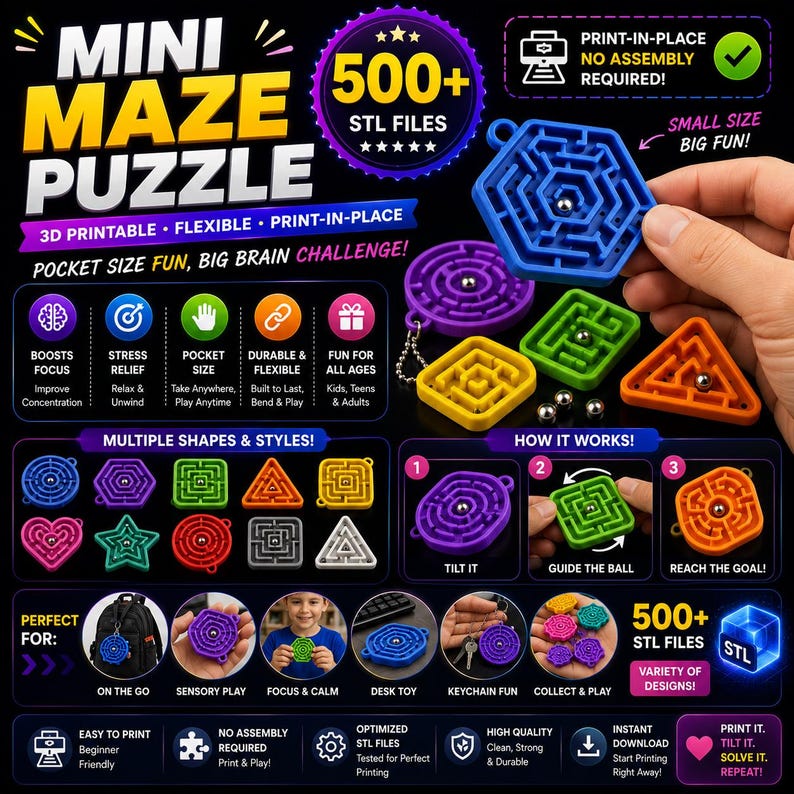 500+ Flexi Fidget Toys STL-paket | Ledade 3D-utskriftsleksaker | Sensoriska modeller | Skriv ut på plats STL-filer | 3D-utskrift | Direktnedladdning bild 5