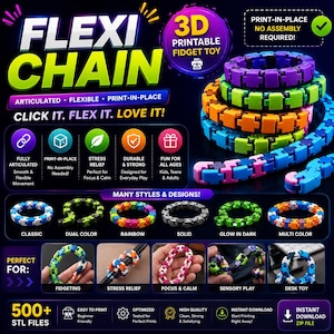 500+ Flexi Fidget Toys STL-paket | Ledade 3D-utskriftsleksaker | Sensoriska modeller | Skriv ut på plats STL-filer | 3D-utskrift | Direktnedladdning bild 3