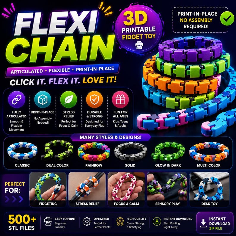 500+ Flexi Fidget Toys STL-paket | Ledade 3D-utskriftsleksaker | Sensoriska modeller | Skriv ut på plats STL-filer | 3D-utskrift | Direktnedladdning bild 3
