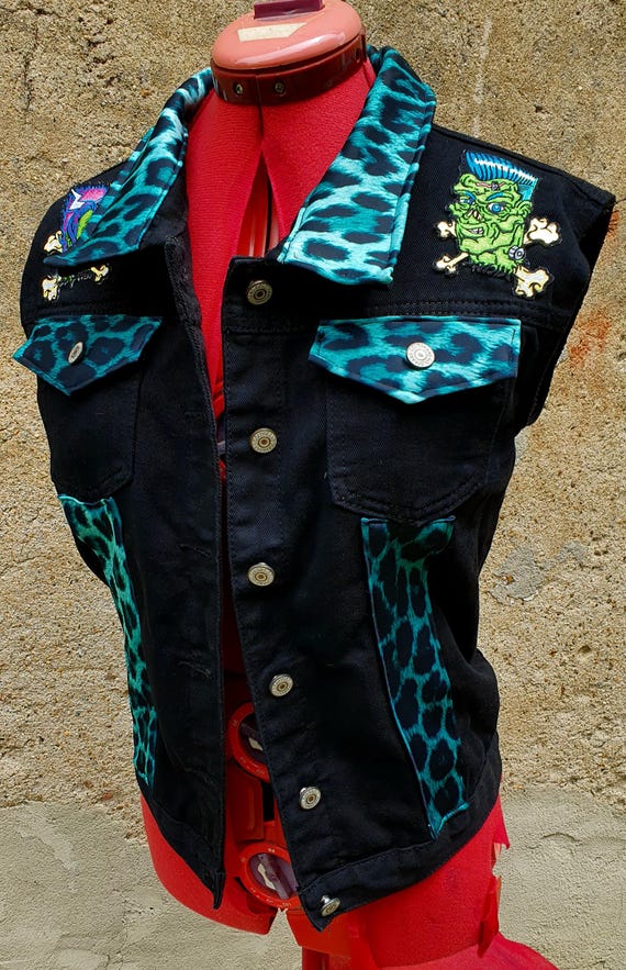 Veste Jean Denim Imprimé Léopard Psychobilly - Taille 36, Neuf Avec étiquettes, Style Punk Rockabilly