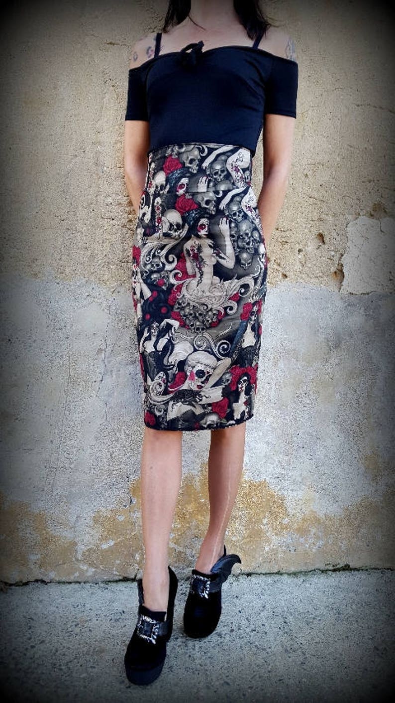 Pencil Skirt Pin up Rockabilly Vintage Psychobilly Belt Skull Rock Goth