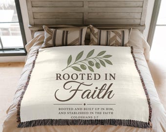 Rooted in Faith Woven Blanket | Christian Cotton Throw, Fringed Edges Home Decor