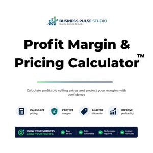 May include: A digital graphic for a Profit Margin & Pricing Calculator by Business Pulse Studio. It features text, icons for calculating pricing, protecting margins, analyzing discounts, and improving profitability, plus a footer with key benefits.