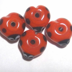 Handmade Lampwork Ladybug Beads: Red Black Polka Dot Rondelles, Set of 4
