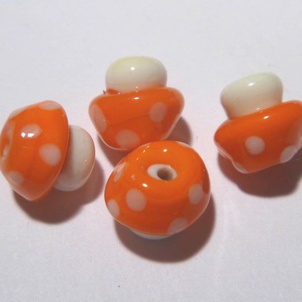 CREAM Red Tiny MUSHROOM Handmade Glass Lampwork BEADS Red, Cream Dots Mushroom Plant Summer Colors  - Set of 4