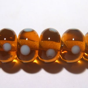 Handmade Lampwork Glass Beads: Topaz Rondelles with Aqua Dots, Set of 6