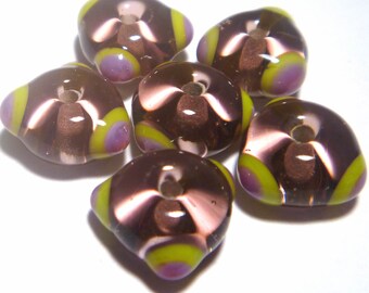 Handmade Lampwork Glass Beads: Purple, Lime, & Clear Triangles - Set of 6