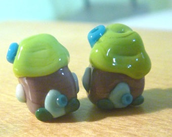 Handmade Lampwork House Beads: Purple Aqua Lime Green Casita - Set of 2