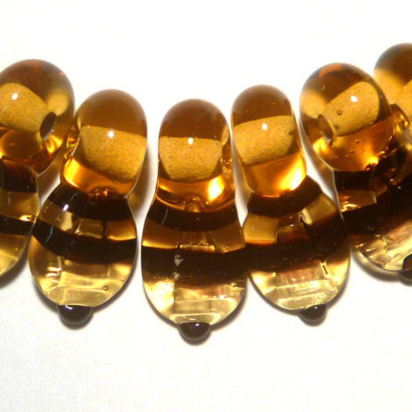 TOPAZ YELLOW Black Striped Leaf Drops Handmade Glass Lampwork BEADS Lovely Teardrop  Honey Bee Shaped Beads Set of 6