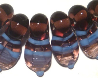 Handmade Lampwork Glass Beads: Purple Periwinkle Striped Teardrops, Set of 6
