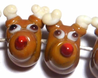 Holiday BROWN Reindeer Rudolph Handmade Glass Lampwork Beads - Christmas Cute Tiny Shaped Beads Red Noses - Set of 4