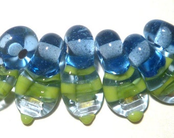 Handmade Lampwork Glass Beads: Blue & Lime Striped Teardrops, Set of 6