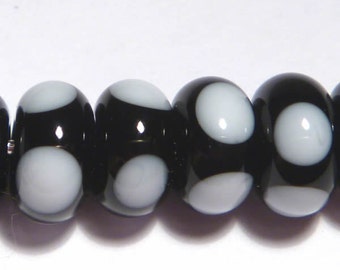 Handmade Lampwork Glass Rondelle Beads: Black with White Polka Dots, Set of 6