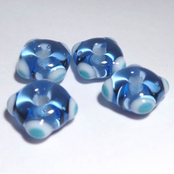 BLUE Square Handmade Glass Lampwork BEAD Transparent Blue WHite Blue Square Shape Set of 4