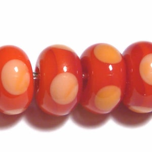 RED ORANGE Rondelles Handmade Glass Lampwork BEADS Red with Orange Polka Dots Bright Colors  Set of 6