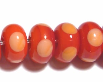 RED ORANGE Rondelles Handmade Glass Lampwork BEADS Red with Orange Polka Dots Bright Colors  Set of 6