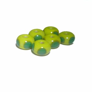 Lime Green Lampwork Glass Beads: Polka Dot Rondelles, Set of 6