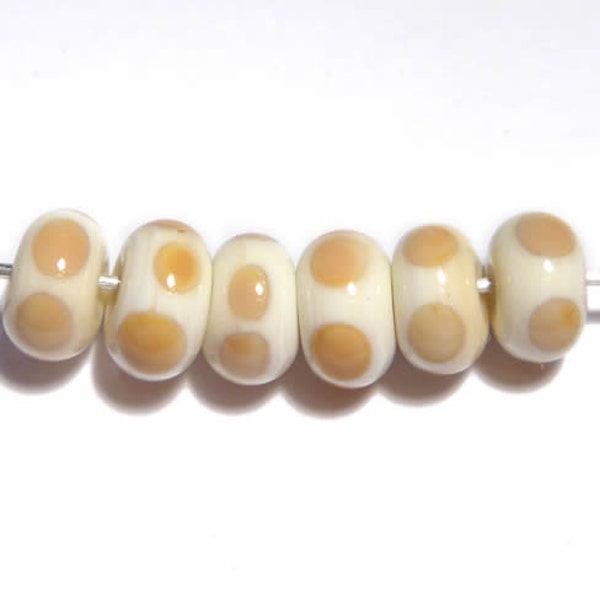 IVORY TAN Rondelles Handmade Glass Lampwork BEADS Ivory with Tan Polka Dots  Organic Rondelles Set of 6