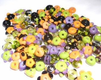 HALLOWEEN MIX - Handmade Glass Lampwork Beads - Purples Lime Green Orange Black - Set of 20