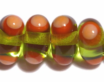 Handmade Lampwork Glass Beads: Green, Red, Orange Triangles - Set of 6