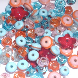 DRAMA MIX Handmade Glass Lampwork BEADS Aqua Blue Coral Red Pink  Set of 20