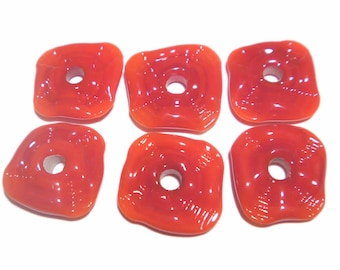 Bright RED RUFFLE Handmade Glass Lampwork BEADS Red color Tiny Ruffled DIsc Wheels - 2MM Hole - Set of 6