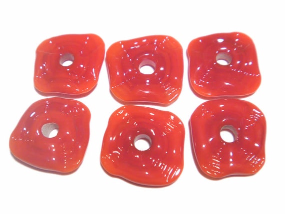 Bright RED RUFFLE Handmade Glass Lampwork BEADS Red color Tiny Ruffled DIsc Wheels - 2MM Hole - Set of 6