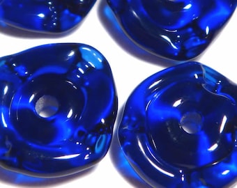 Cobalt Blue Ruffle Glass Beads: Handmade Lampwork Discs, Set of 6