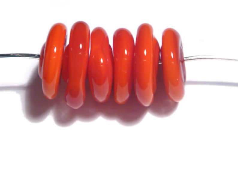 RED DISC Handmade Glass Lampwork Beads Red Bright Colors Small Flat Disc Shape Set of 6