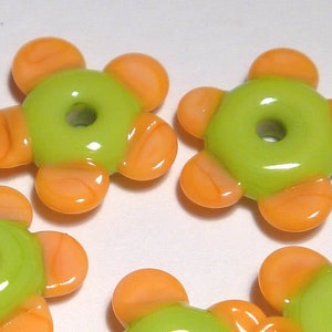 Handmade Lampwork Flower Beads: Lime, Orange, Set of 5