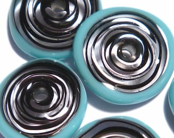 Handmade Lampwork Glass Beads: Black with Turquoise Wrap, Disc Wheels - Set of 6