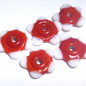 RED and WHITE FLOWER -  Handmade Glass Lampwork Beads - Christmas Colors Tiny Shaped Flowers Set of 5
