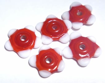 Handmade Lampwork Flower Beads: Red & White Glass, Set of 5