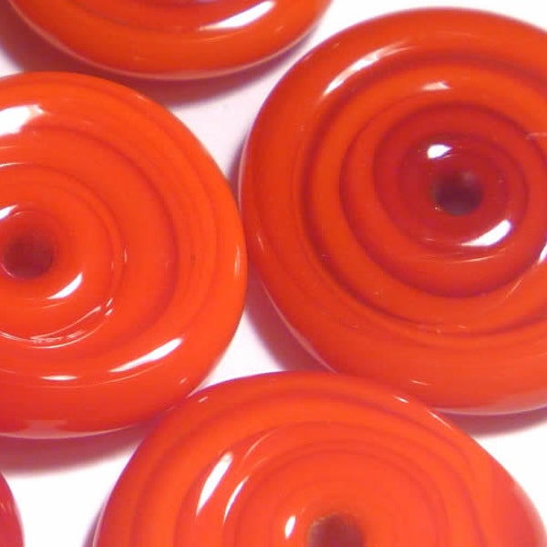RED DISC Handmade Glass Lampwork Beads Red Bright Colors Small Flat Disc Shape Set of 6