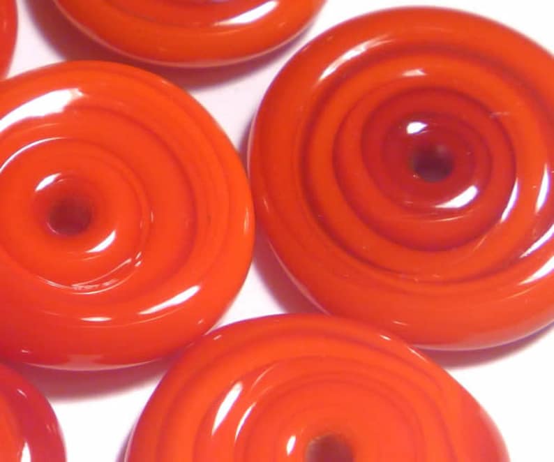 RED DISC Handmade Glass Lampwork Beads Red Bright Colors Small Flat Disc Shape Set of 6