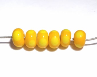 YELLOW Rondelles Handmade Glass Lampwork BEADS Yellow with Lemon Polka Dots  Organic Rondelles Set of 6