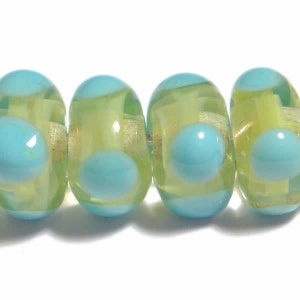 Lime Green Lampwork Glass Beads: Turquoise Dot Filigrina Cubes, Set of 6