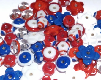 PATRIOTIC  MIX - Handmade Glass Lampwork Beads - Red White and Blue - Set of 20