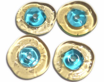 TOPAZ TURQUOISE DISCS Handmade Glass Lampwork Beads  Turquoise Blue with Topaz wrap Tiny DIsc Wheels Set of 4