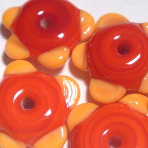 Handmade Lampwork Flower Beads: Red & Yellow Glass, Set of 5