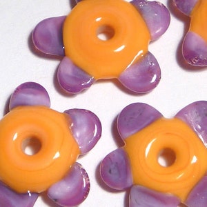 ORANGE PURPLE FLOWER Handmade Glass Lampwork Beads Halloween Fall Colors Tiny Shaped Flowers Set of 5