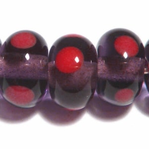 Handmade Lampwork Glass Rondelle Beads: Purple Coral Polka Dot, Set of 6