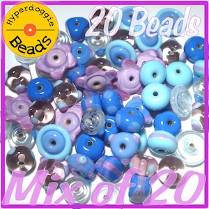 Blue Lampwork Beads: Handmade Periwinkle Aqua Purple Mix - Set of 20