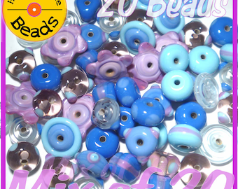 Blue Lampwork Beads: Handmade Periwinkle Aqua Purple Mix - Set of 20