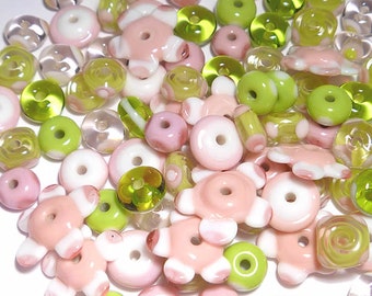 Handmade Lampwork Glass Beads: Pink, Green, and White Mix - Set of 20