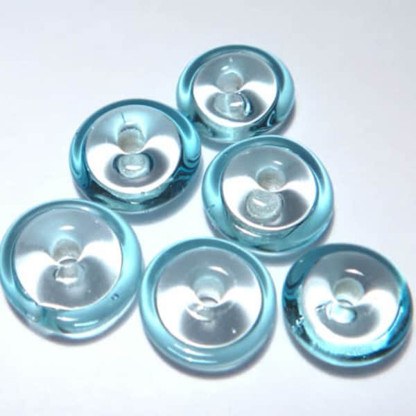 Clear BLUE AQUA Saucer Rondelles Handmade Glass Lampwork BEADS Transparent Aqua Turquoise Blue Wrap Handshaped Set of 6