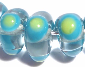 AQUA Dot Triangles Handmade Glass Lampwork BEADS Transparent Aqua Lime Blue Hand Shaped Beads SET of 6